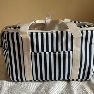 Insulated cooler tote. Navy and white stripe. 2 handles